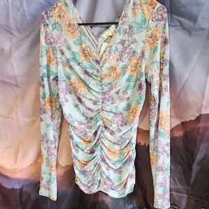 Nwt Mystree Floral Ruched Long Sleeve Blouse